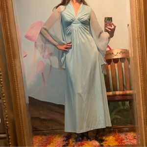 60’s 70’s sheer cape sleeve maxi dress cocktail baby blue mad men boho